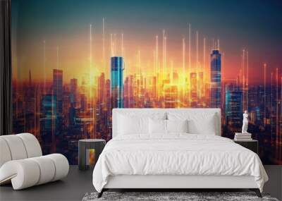 Stunning skyline at sunset, showcasing vibrant city lights and modern architecture glowing against a colorful sky. Wall mural