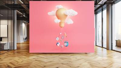 kids cute pastel pink colorful objects of creative learning education. lightbulb idea float balloon string globe rocket spaceship space travel time clock maths ideas imagination pencil. 3D illustratio Wall mural