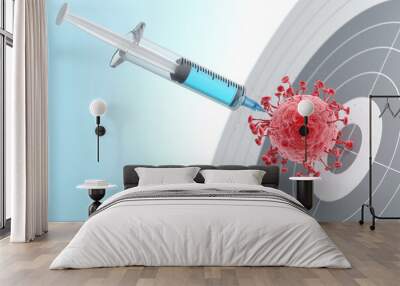 The syringe inside contains a vaccine against the virus. Stab the virus in the middle of the target. Research and development of drugs and vaccines in the medical community. 3D Illustration. Wall mural