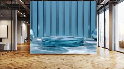 Blue cylinder podium with geometric objects. Stand to show products. Stage showcase with copy space. Pedestal display with water texture. Banner size. Website cover template. 3D rendering. Wall mural