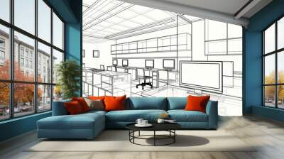 Interior design : office 3d outline sketch Wall mural