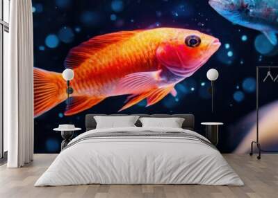 A cluster of various glowing deep sea fish, illuminating the dark ocean with their diverse bioluminescence Wall mural