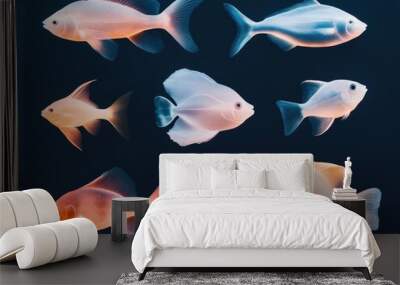 A collection of bioluminescent fish in the deep sea, glowing in different shapes and colors, representing biodiversity Wall mural