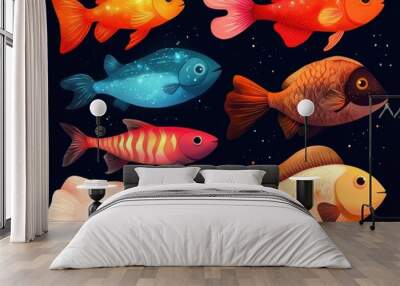 A diverse group of bioluminescent fish illuminating the deep sea, each glowing in unique colors and patterns Wall mural