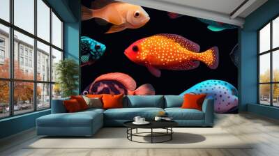 A diverse group of bioluminescent fish illuminating the deep sea, each glowing in unique colors and patterns Wall mural