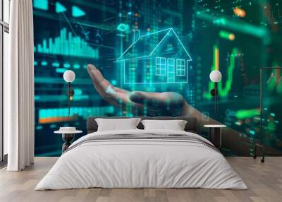 A hand reaching out to a floating home loan icon, holographic data and futuristic financial charts Wall mural