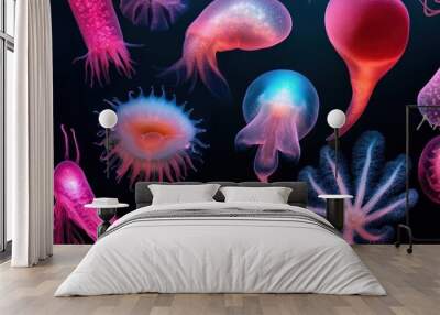 Bioluminescent deep sea creatures of many shapes and sizes, lighting up the deep ocean in a dazzling display of biodiversity Wall mural