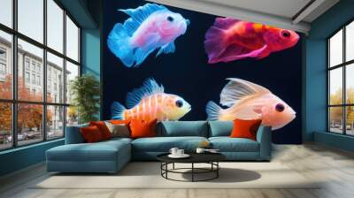 Bioluminescent fish from different species illuminating the dark ocean depths, their glowing bodies highlighting deep sea biodiversity Wall mural