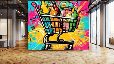 Colorful pop art shopping cart full of products, aesthetic background with e-commerce symbols, online shopping focus Wall mural