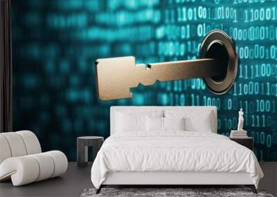 Conceptual encryption keys hidden within a vast matrix of binary code, forming a high-tech digital wallpaper Wall mural