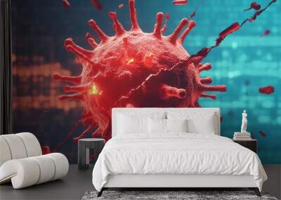 Conceptual virus breaking into digital code, symbolizing the impact of viruses on technology and biology Wall mural