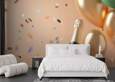 Festive New Year’s party scene with sparkling golden balloons, champagne bottles, and colorful confetti Wall mural