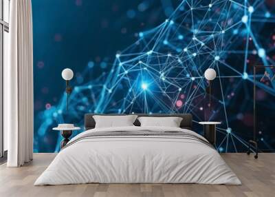 Futuristic blockchain network visualization, interconnected digital nodes representing cryptocurrency transactions, abstract cyber security concept Wall mural