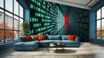 Glowing binary code matrix with encrypted locks embedded throughout, creating a high-tech conceptual wallpaper Wall mural