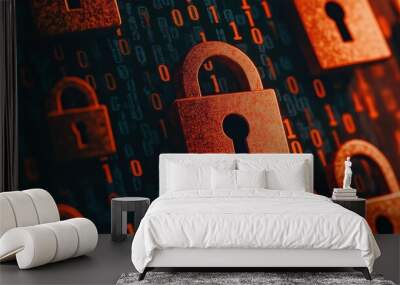 Glowing digital locks and keys surrounded by cascading binary code, representing encryption in a conceptual wallpaper design Wall mural