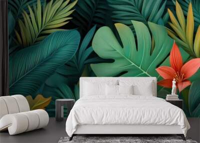 Layered tropical plants and flowers with organic textures in a dense jungle setting Wall mural