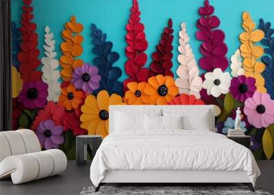 Multilayered wildflower meadow with diverse botanical textures, organic elements blending in vibrant hues Wall mural