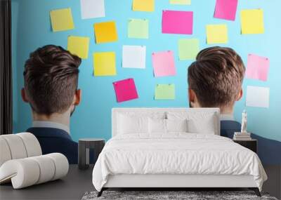 Two business professionals brainstorming in front of a wall covered with colorful sticky notes, planning and idea generation for a project. Wall mural