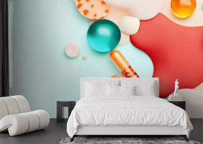 Vitamins and minerals represented by abstract shapes flowing into the body, visualizing energy, digestion, and immune benefits Wall mural