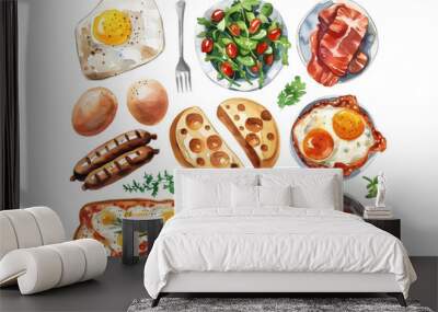 watercolor clipart, English breakfast components, sausages, baked beans great for menu designs Wall mural