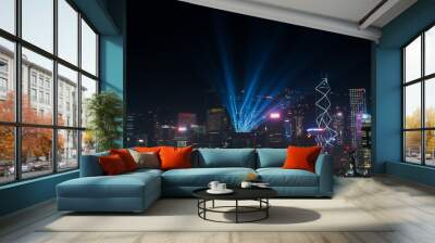 View Night of Symphony of Lights and two boat of life at Victoria Harbor in Hong Kong. Wall mural