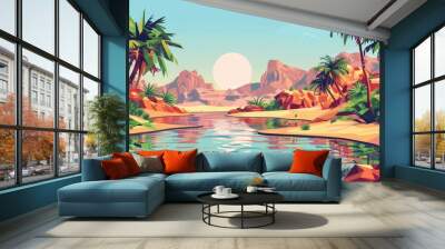 A beautiful landscape with a river and palm trees Wall mural