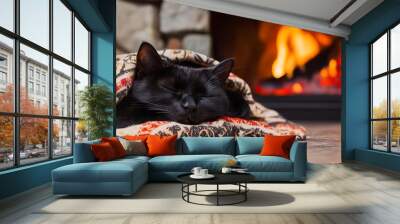 A black cat napping under a vintage holiday blanket beside a roaring fire Wall mural