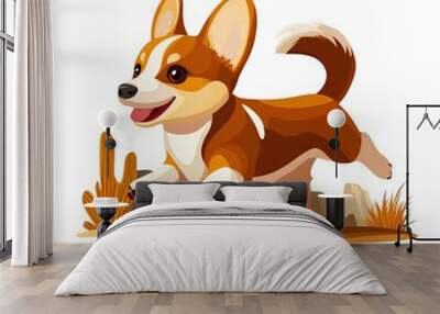 A cheerful corgi dog joyfully running across a desert landscape, showcasing its playful nature and adorable features. Wall mural