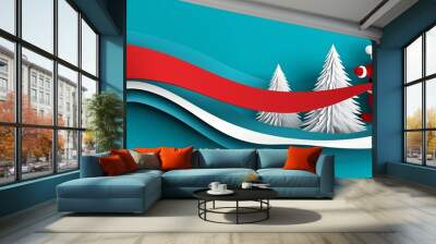 A cheerful Santa Claus pulls a vibrant red ribbon across a festive, snowy landscape with white trees against a turquoise background. Wall mural