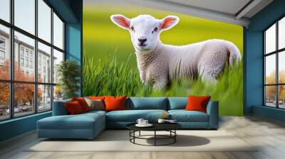 A cute lamb stands in a lush green field, surrounded by tall grass, enjoying a sunny day in a serene rural landscape. Wall mural