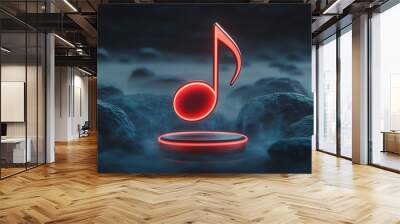 A glowing red music note stands out against a dark, misty background, creating a modern and captivating visual of sound. Wall mural