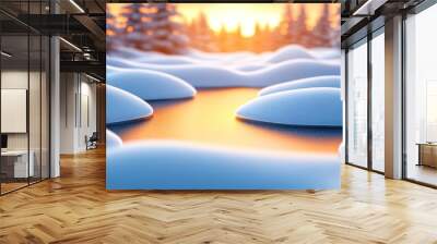 A serene winter landscape featuring soft snow drifts and a glowing sunset reflecting on a tranquil stream. Wall mural