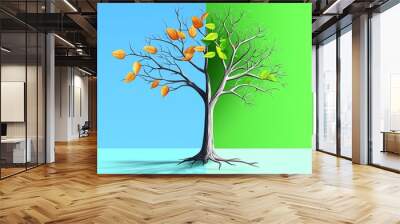 A visually striking illustration of a tree, split between two colors representing seasonal change, with vibrant leaves on one side and bare branches on the other. Wall mural