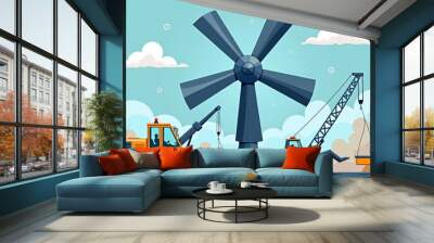 Colorful illustration of construction vehicles working on a wind turbine, symbolizing renewable energy development and teamwork. Wall mural