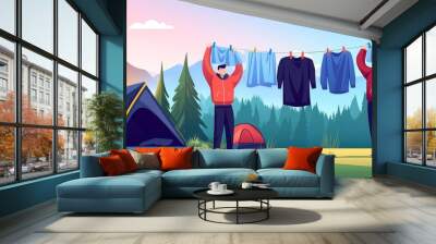 Friends hanging their clothes to dry at a mountain campsite, flat design, front view, camp life theme, cartoon drawing, Split-complementary color scheme Wall mural