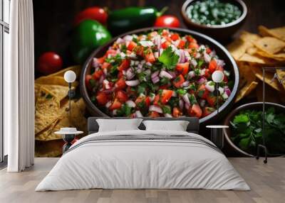 Mexican Pico de Gallo salad with tortilla chips on wooden background Wall mural