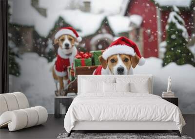 Two festive dogs in Santa hats pull a sled with gifts in a snowy winter scene, capturing the spirit of Christmas joy. Wall mural