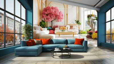 Living room with a lot of colorful flowers rainbow bonsai and green leaves and white marble and gold line nature floor perfection luxurious Wall mural