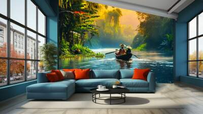 People rowing boats in the middle of a pond amidst peaceful nature Wall mural