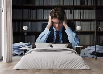  Stressed businessman sitting at his desk, feeling overwhelmed b Wall mural