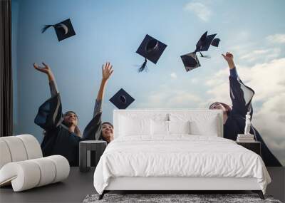 Image description: A group of five college graduates throwing Wall mural