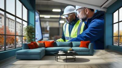 Two engineers wearing hard hats and safety glasses look at a com Wall mural