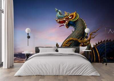 Wat Rong Sua Ten, Chiang Rai, Thailand - King of Nagas, Great Naga on purple sky found in the buddhism temples Wall mural