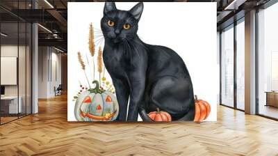 A black cat, Halloween element, watercolor style, isolated on white background Wall mural