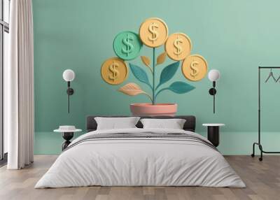 A creative illustration of a plant with money coins, symbolizing growth and prosperity in financial investments. Wall mural