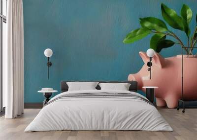 A creative piggy bank design featuring a plant, symbolizing growth and financial prosperity against a soft blue backdrop. Wall mural