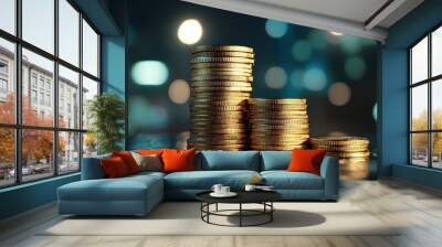 A stack of shiny gold coins against a blurred city background, symbolizing wealth, investment, and financial success. Wall mural