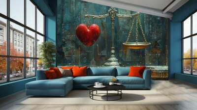 A symbolic painting of a scale balancing a heart and a mind, with the heart weighing down, depicting the dominance of emotions over logic Wall mural