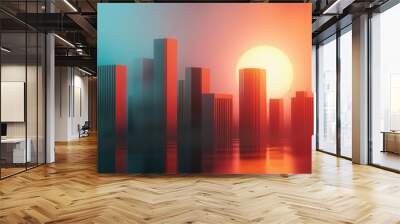 A vibrant sunset over a modern city skyline, blending colors of orange and blue for a stunning visual experience. Wall mural