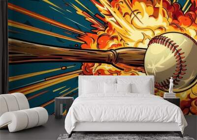 Baseball bat making fiery contact with a ball, closeup on the burst of flames, in a bright pop art style Wall mural